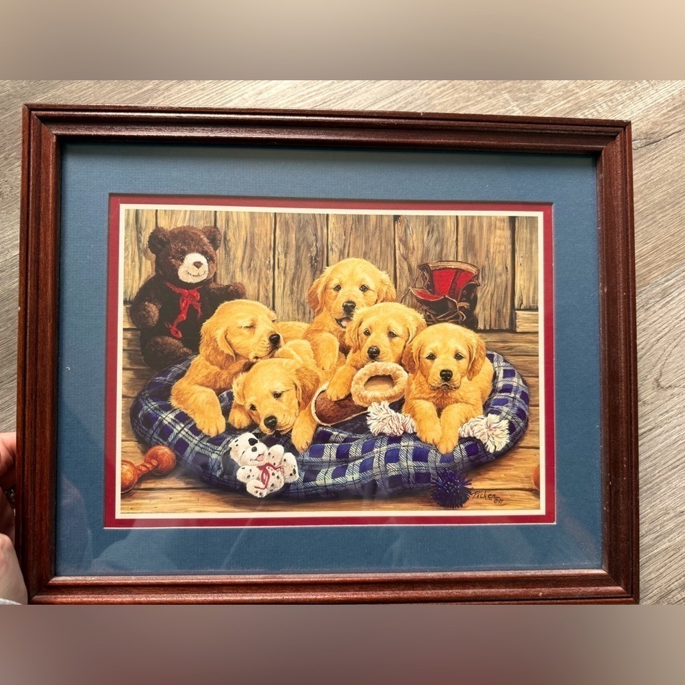 VTG 97 Linda Picken Dog Puppy Frame Drawing Reprint Golden Retriever Teddy Bear
